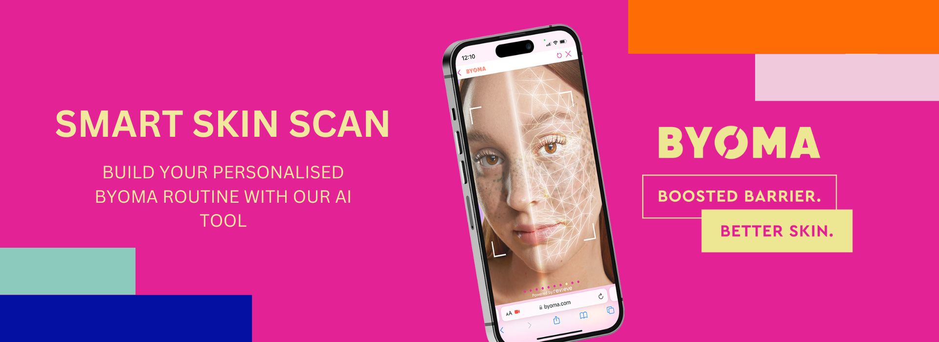 BYOMA Smart Skin Scan banner featuring an AI-powered skin analysis tool on a smartphone.