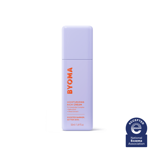 A BYOMA Moisturizing Rich Cream bottle with National Eczema Association approval seal.