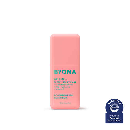 A bottle of Byoma De-Puff + Brighten Eye Gel.