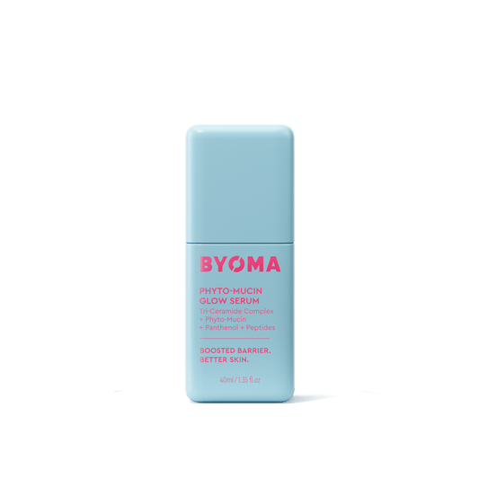 BYOMA Phyto-Mucin Glow Serum in a light blue bottle.