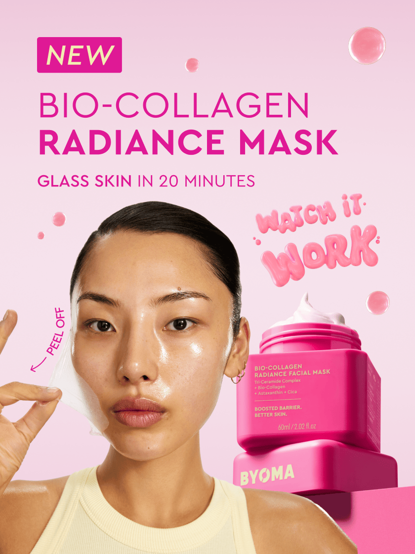 Promotional image of a woman applying a BYOMA bio-collagen radiance mask with product packaging on a pink background.