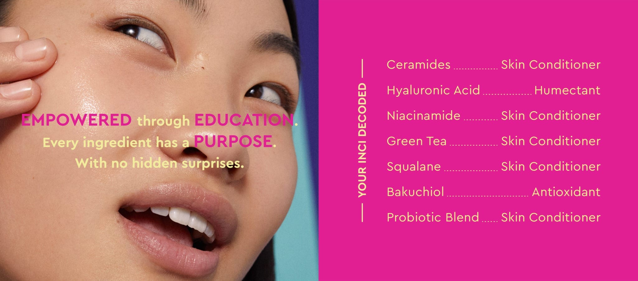 Smiling woman touching her face with a skincare ingredient list on the side.