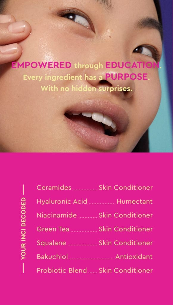 Smiling woman touching her face with skincare ingredient list below.